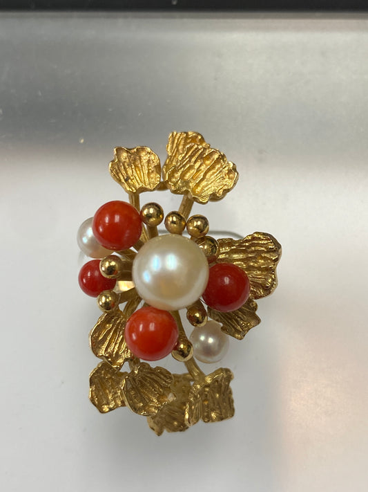 14K VINTAGE Coral and Pearl Ring