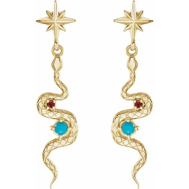 14K Turquoise & Ruby Snake Motif Earring