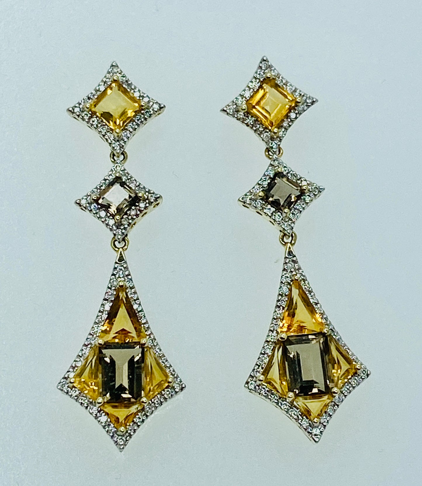 14K Citrine, Quartz and Diamond Earrings