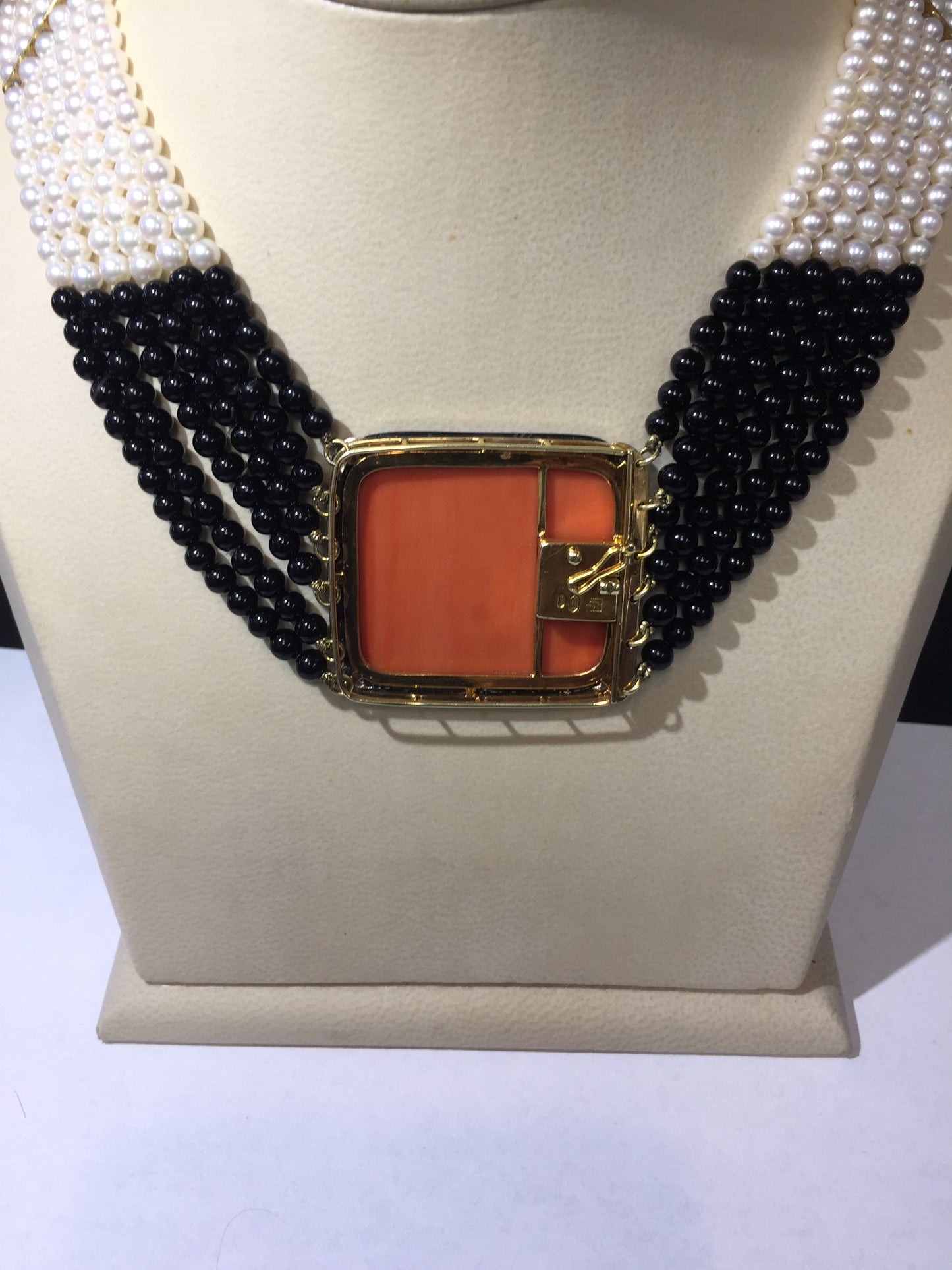 14K AKOYA Pearl, Onyx, Coral & Diamond Necklace