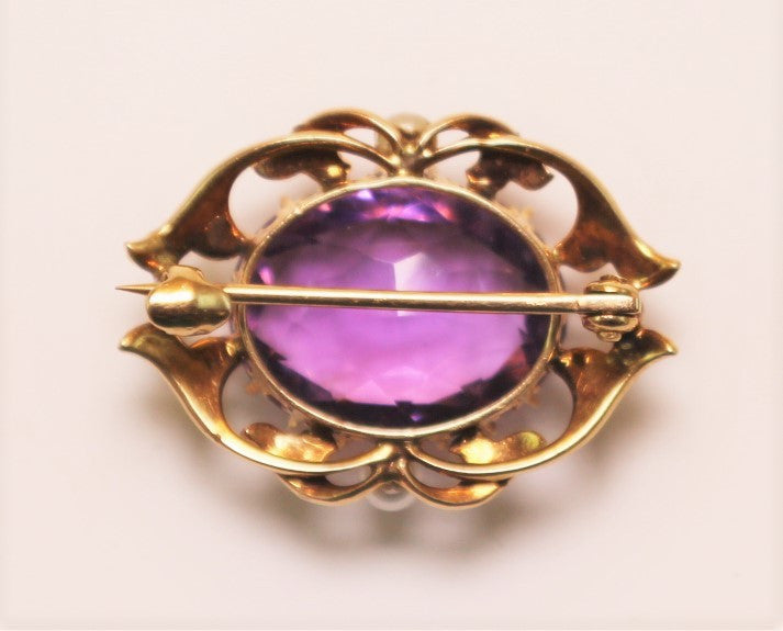 14K Amethyst & Pearl Brooch - VINTAGE