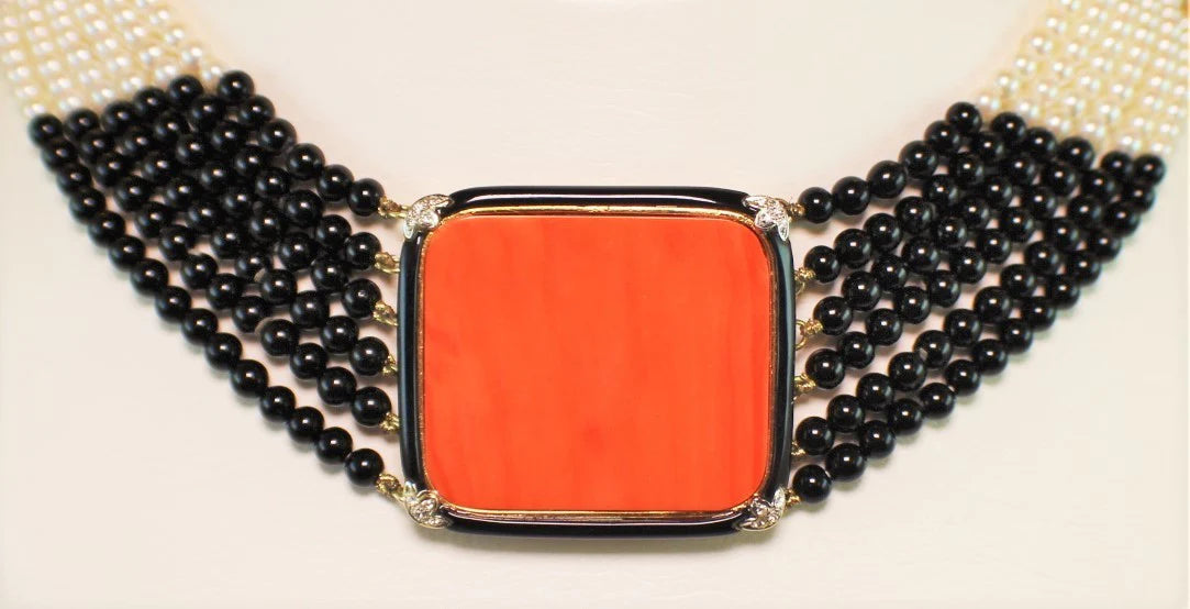 14K AKOYA Pearl, Onyx, Coral & Diamond Necklace