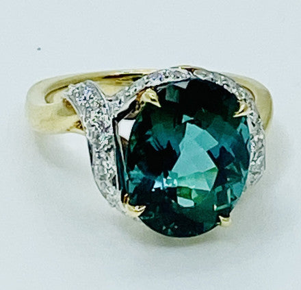 Namibian Indicolite Tourmaline and Diamond Ring