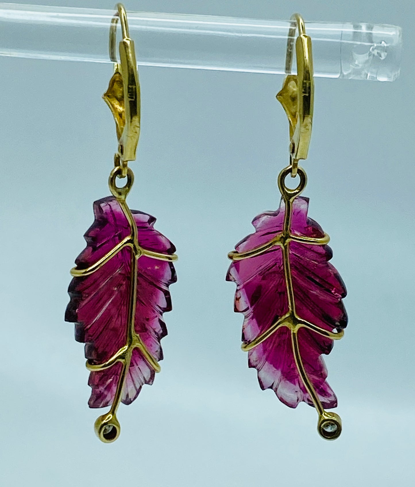 Carved Tourmaline Leaf Earrings with Diamond Accents