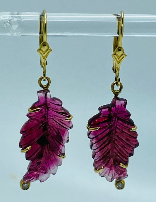 Carved Tourmaline Leaf Earrings with Diamond Accents