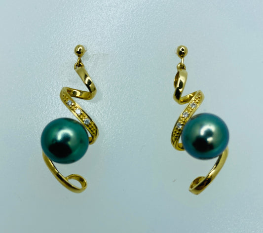 Cultured Black Pearl and Diamond Earrings