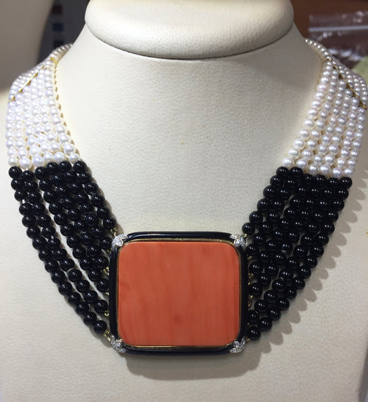 14K AKOYA Pearl, Onyx, Coral & Diamond Necklace