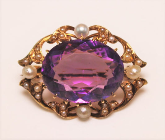 14K Amethyst & Pearl Brooch - VINTAGE